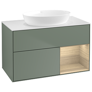 Villeroy und Boch Finion Waschtischunterschrank GA21PCGM 100cm, Abdeckplatte white matt, Emotion, Regale Oak Veneer, Olive Matt Lacquer
