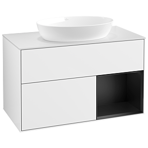 Villeroy et Boch Finion Villeroy et Boch GA21PDGF 100cm, plaque de recouvrement blanc mat, Emotion, étagères laqué noir mat, laqué blanc brillant