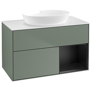 Villeroy und Boch Finion Waschtischunterschrank GA21PDGM 100cm, Abdeckplatte white matt, Emotion, Regale Black matt lacquer, Olive Matt Lacquer