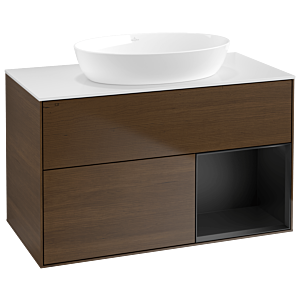 Villeroy und Boch Finion Waschtischunterschrank GA21PDGN 100cm, Abdeckplatte white matt, Emotion, Regale Black matt lacquer, Walnut veneer