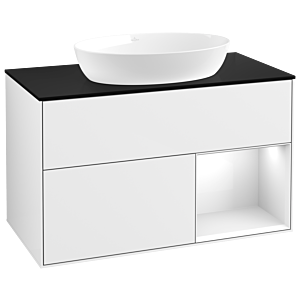 Villeroy und Boch Finion Waschtischunterschrank GA22GFGF 100cm, Abdeckplatte black matt, Emotion, Regale Glossy white lacquer, Glossy white lacquer