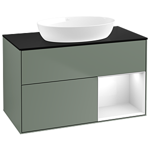 Villeroy und Boch Finion Waschtischunterschrank GA22GFGM 100cm, Abdeckplatte black matt, Emotion, Regale Glossy white lacquer, Olive Matt Lacquer