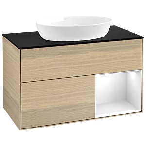 Villeroy und Boch Finion Waschtischunterschrank GA22GFPC 100cm, Abdeckplatte black matt, Emotion, Regale Glossy white lacquer, Oak Veneer