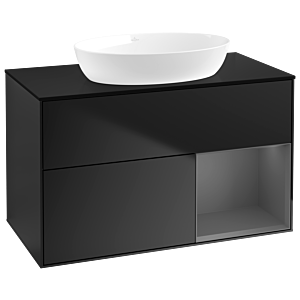 Villeroy und Boch Finion Waschtischunterschrank GA22GKPD 100cm, Abdeckplatte black matt, Emotion, Regale Anthracite matt lacquer, Black matt lacquer
