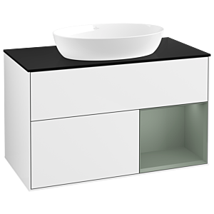 Villeroy und Boch Finion Waschtischunterschrank GA22GMGF 100cm, Abdeckplatte black matt, Emotion, Regale Olive matt lacquer, Glossy white lacquer