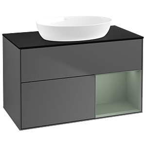 Villeroy und Boch Finion Waschtischunterschrank GA22GMGK 100cm, Abdeckplatte black matt, Emotion, Regale Olive matt lacquer, Anthracite matt