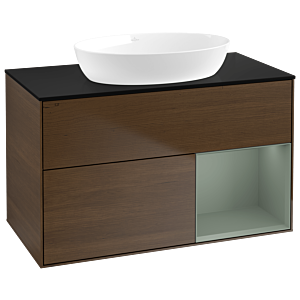 Villeroy und Boch Finion Waschtischunterschrank GA22GMGN 100cm, Abdeckplatte black matt, Emotion, Regale Olive matt lacquer, Walnut veneer