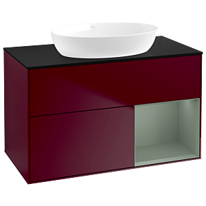 Villeroy und Boch Finion Waschtischunterschrank GA22GMHB 100cm, Abdeckplatte black matt, Emotion, Regale Olive matt lacquer, Peony Matt