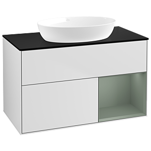 Villeroy und Boch Finion Waschtischunterschrank GA22GMMT 100cm, Abdeckplatte black matt, Emotion, Regale Olive matt lacquer, White matt lacquer