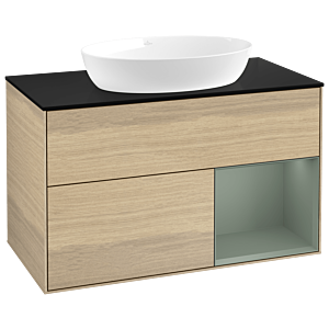 Villeroy und Boch Finion Waschtischunterschrank GA22GMPC 100cm, Abdeckplatte black matt, Emotion, Regale Olive matt lacquer, Oak Veneer