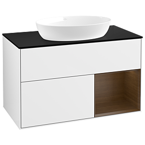 Villeroy et Boch Finion GA22GNGF 100cm, plaque de finition noire mate, Emotion, étagères Walnut Veneer , laqué blanc brillant