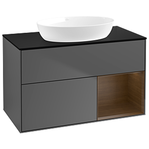 Villeroy und Boch Finion Waschtischunterschrank GA22GNGK 100cm, Abdeckplatte black matt, Emotion, Regale Walnut Veneer, Anthracite matt