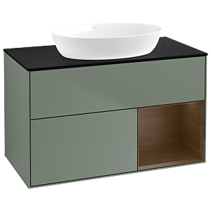 Villeroy und Boch Finion Waschtischunterschrank GA22GNGM 100cm, Abdeckplatte black matt, Emotion, Regale Walnut Veneer, Olive Matt Lacquer