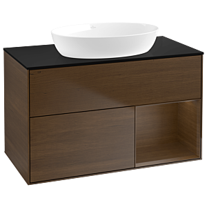 Villeroy und Boch Finion Waschtischunterschrank GA22GNGN 100cm, Abdeckplatte black matt, Emotion, Regale Walnut Veneer, Walnut veneer