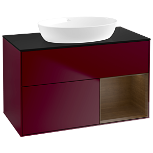 Villeroy und Boch Finion Waschtischunterschrank GA22GNHB 100cm, Abdeckplatte black matt, Emotion, Regale Walnut Veneer, Peony Matt