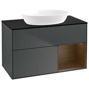 Villeroy und Boch Finion Waschtischunterschrank GA22GNHG 100cm, Abdeckplatte black matt, Emotion, Regale Walnut Veneer, Midnight Blue Matt Lacquer
