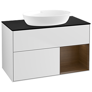 Villeroy und Boch Finion Waschtischunterschrank GA22GNMT 100cm, Abdeckplatte black matt, Emotion, Regale Walnut Veneer, White matt lacquer