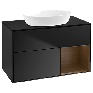 Villeroy und Boch Finion Waschtischunterschrank GA22GNPD 100cm, Abdeckplatte black matt, Emotion, Regale Walnut Veneer, Black matt lacquer
