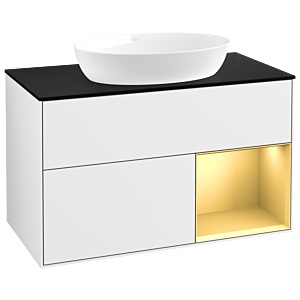 Villeroy et Boch Finion Villeroy et Boch GA22HFGF 100cm, plaque de recouvrement noir mat, Emotion, étagères laqué or mat, laqué blanc brillant