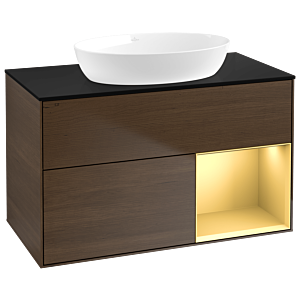 Villeroy und Boch Finion Waschtischunterschrank GA22HFGN 100cm, Abdeckplatte black matt, Emotion, Regale Gold matt lacquer, Walnut veneer