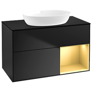 Villeroy et Boch Finion Villeroy et Boch GA22HFPD 100cm, plaque de recouvrement noir mat, Emotion, étagères laqué or mat, laqué noir mat