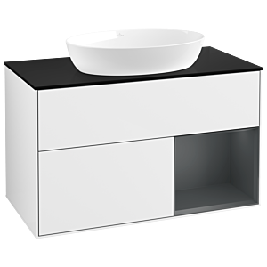 Villeroy und Boch Finion Waschtischunterschrank GA22HGGF 100cm, Abdeckplatte black matt, Emotion, Regale Midnight matt lacquer, Glossy white lacquer