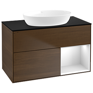 Villeroy und Boch Finion Waschtischunterschrank GA22MTGN 100cm, Abdeckplatte black matt, Emotion, Regale White matt lacquer, Walnut veneer