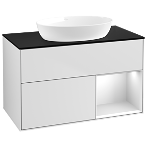 Villeroy et Boch Finion Villeroy et Boch GA22MTMT 100cm, plaque de recouvrement noir mat, Emotion, étagères laqué blanc mat, laqué blanc mat