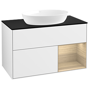 Villeroy und Boch Finion Waschtischunterschrank GA22PCGF 100cm, Abdeckplatte black matt, Emotion, Regale Oak Veneer, Glossy white lacquer