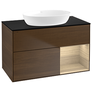 Villeroy et Boch Finion GA22PCGN 100cm, plaque de recouvrement noire mate, Emotion, étagères Oak Veneer , placage noyer