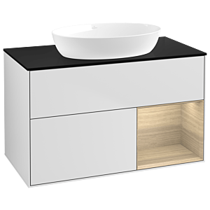 Villeroy und Boch Finion Waschtischunterschrank GA22PCMT 100cm, Abdeckplatte black matt, Emotion, Regale Oak Veneer, White matt lacquer