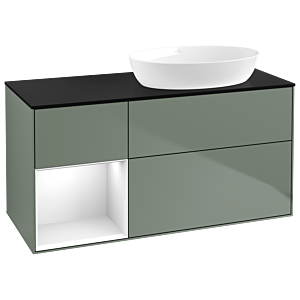 Villeroy und Boch Finion Waschtischunterschrank GA42GFGM 120cm, Abdeckplatte black matt, Emotion, Regale Glossy white lacquer, Olive Matt Lacquer