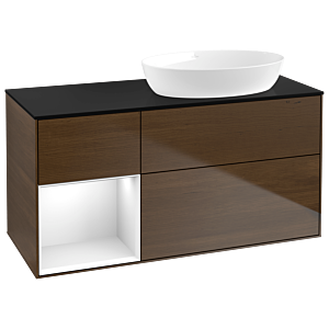 Villeroy und Boch Finion Waschtischunterschrank GA42GFGN 120cm, Abdeckplatte black matt, Emotion, Regale Glossy white lacquer, Walnut veneer