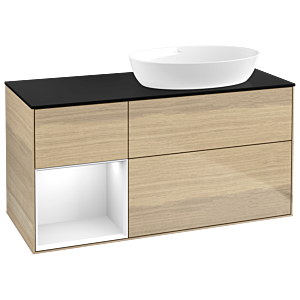 Villeroy und Boch Finion Waschtischunterschrank GA42GFPC 120cm, Abdeckplatte black matt, Emotion, Regale Glossy white lacquer, Oak Veneer