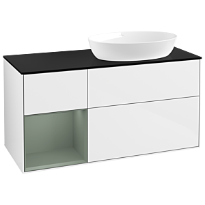 Villeroy und Boch Finion Waschtischunterschrank GA42GMGF 120cm, Abdeckplatte black matt, Emotion, Regale Olive matt lacquer, Glossy white lacquer
