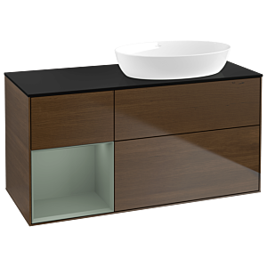 Villeroy und Boch Finion Waschtischunterschrank GA42GMGN 120cm, Abdeckplatte black matt, Emotion, Regale Olive matt lacquer, Walnut veneer
