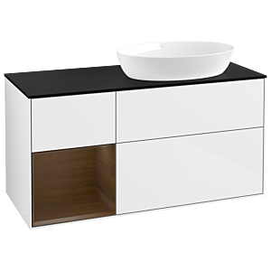 Villeroy und Boch Finion Waschtischunterschrank GA42GNGF 120cm, Abdeckplatte black matt, Emotion, Regale Walnut Veneer, Glossy white lacquer
