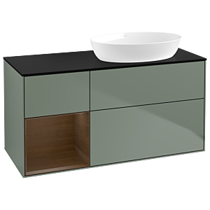 Villeroy und Boch Finion Waschtischunterschrank GA42GNGM 120cm, Abdeckplatte black matt, Emotion, Regale Walnut Veneer, Olive Matt Lacquer
