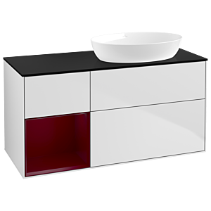 Villeroy et Boch Finion Villeroy et Boch GA42HBMT 120cm, plaque de recouvrement noir mat, Emotion, étagères Peony laqué mat, laqué blanc mat