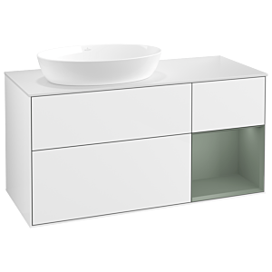 Villeroy und Boch Finion Waschtischunterschrank GA51GMGF 120cm, Abdeckplatte white matt, Emotion, Regale Olive matt lacquer, Glossy white lacquer