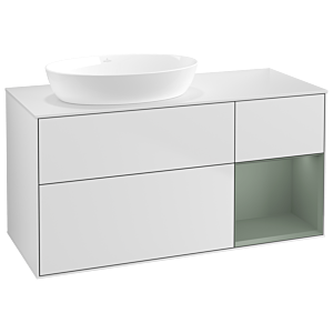 Villeroy und Boch Finion Waschtischunterschrank GA51GMMT 120cm, Abdeckplatte white matt, Emotion, Regale Olive matt lacquer, White matt lacquer