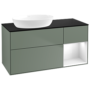 Villeroy und Boch Finion Waschtischunterschrank GA52GFGM 120cm, Abdeckplatte black matt, Emotion, Regale Glossy white lacquer, Olive Matt Lacquer
