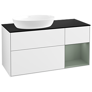 Villeroy und Boch Finion Waschtischunterschrank GA52GMGF 120cm, Abdeckplatte black matt, Emotion, Regale Olive matt lacquer, Glossy white lacquer
