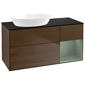 Villeroy und Boch Finion Waschtischunterschrank GA52GMGN 120cm, Abdeckplatte black matt, Emotion, Regale Olive matt lacquer, Walnut veneer