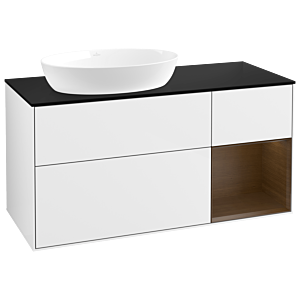 Villeroy und Boch Finion Waschtischunterschrank GA52GNGF 120cm, Abdeckplatte black matt, Emotion, Regale Walnut Veneer, Glossy white lacquer