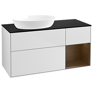 Villeroy und Boch Finion Waschtischunterschrank GA52GNMT 120cm, Abdeckplatte black matt, Emotion, Regale Walnut Veneer, White matt lacquer