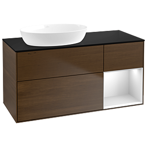 Villeroy et Boch Finion Villeroy et Boch GA52MTGN 120cm, plaque de recouvrement noir mat, Emotion, étagères laqué blanc mat, placage noyer