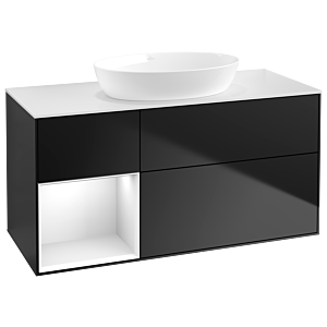 Villeroy und Boch Finion Waschtischunterschrank GA61GFPD 120cm, Abdeckplatte white matt, Emotion, Regale Glossy white lacquer, Black matt lacquer