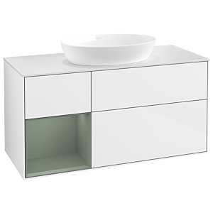 Villeroy et Boch Finion Villeroy et Boch GA61GMGF 120cm, plaque de recouvrement blanc mat, Emotion, étagères laqué olive mat, laqué blanc brillant