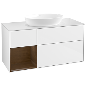 Villeroy et Boch Finion GA61GNGF 120cm, plaque de recouvrement blanc mat, Emotion, étagères Walnut Veneer , laqué blanc brillant
